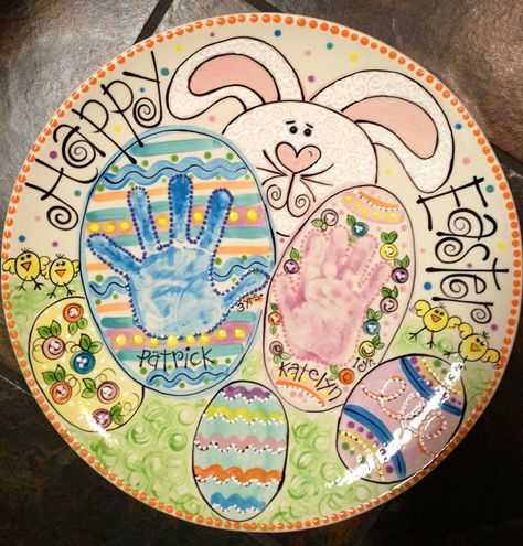 Happy Easter Plate  By Lori Dodson Designs Handprint Plate, Idea For Easter, Easter Pottery, Art Garage, Easter Plates, Fun Easter Crafts, Footprint Crafts, Awesome Crafts, Happy Bunny