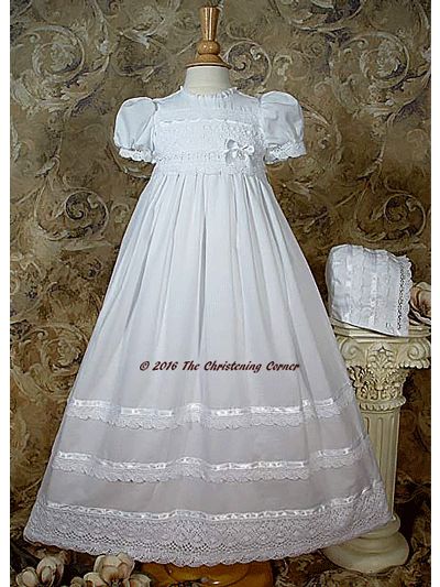 Cotton Batiste Gown with Cluny Lace - Very feminine 30" Victorian christening gown. Intricate cluny lace and ribbon is found in the bodice and a triple tier of lace and ribbon is in the skirt. - Toddler sizes available Baby Blessing Dress, Baby Christening Gowns, Blessing Gown, Blessing Dress, Lace Bonnet, Organza Gowns, Heirloom Dresses, Baptism Gown, Cotton Gowns