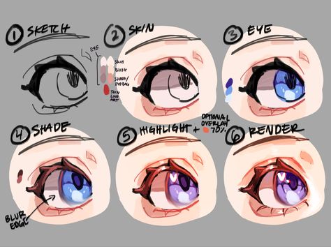 Shaded Eyes Drawing, Ear Coloring Tutorial, Anime Shading Reference, How To Make Lineless Art, Eyes Shading Drawing, Render Eyes Digital Art, Anime Eye Digital Art Tutorial, Eye Tutorial Coloring, Digital Art Style Ideas