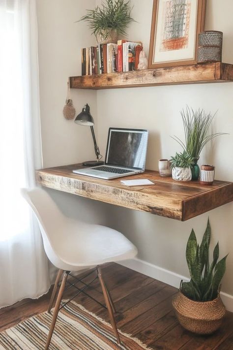 "Maximize your workspace with DIY Floating Desks! 🛠️💻 Perfect for creating a sleek and space-saving solution for your home office. 🌟✨ #DIYDesks #HomeOffice #WorkspaceInspo" Floating Study Desk, Desk With Floating Shelves, Floating Desk And Shelves, Floating Wood Desk, Floating Desk Diy, Kitchen Snug, Emily Room, Diy Floating Desk, Hanging Desk