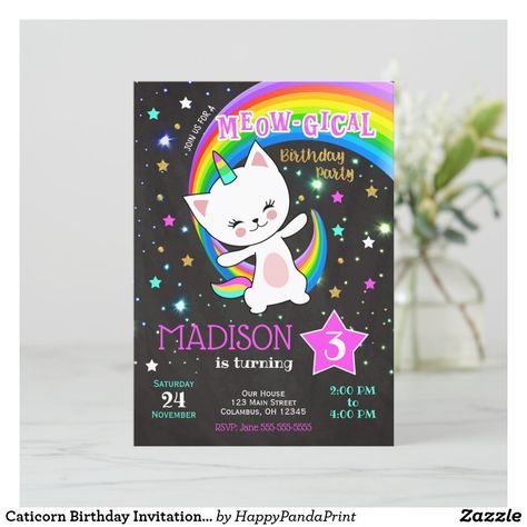 Caticorn Birthday Invitation, Cat Rainbow Invitation Cat Birthday Invitations, Cat Invitations, Rainbow Invitation, Kitty Birthday Party, Digital Invitations Design, Cat Rainbow, Unicorn Invitation, Rainbow Birthday Invitations