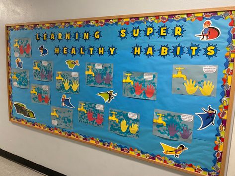 Traced handprints, used dotters to maie “water” for washing Bulletin Board, Bulletin Boards, Healthy Habits, Hand Washing, Preschool, Water, Quick Saves, Pre School