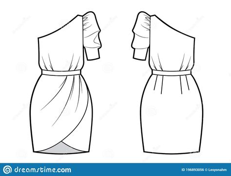 Technical Drawing Of Evening Dress With One Sleeve. Front And Back Views Stock Illustration - Illustration of elegant, draw: 196893056 Flat Sketches Dress, Dress With One Sleeve, Graduation Themes, Dress Template, Draw Dress, Technical Flats, Clothes Illustration, Fashion Figure Drawing, Short Hoodie