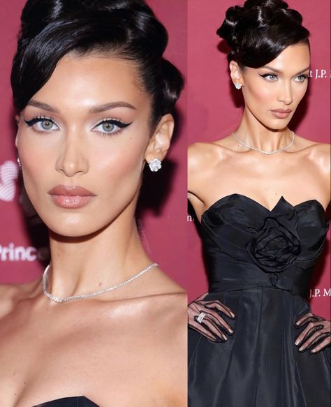 Bella Hadid Updo, Bella Hadid Bun, Bella Hadid Hairstyles, Long Face Makeup, High Bun Wedding, Natural Glam Makeup, Runway Hair, Red Carpet Hair, Bella Hair