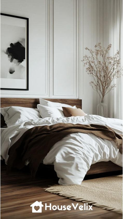 Brown and White Contrast Updated Dark Wood Bed Decor, White Moody Bedroom, Masculine And Feminine Bedroom, Black Brown White Bedroom, Dark Brown And White Bedroom, Brown Black And White Bedroom, Black Brown And White Bedroom, Neutral Warm Bedroom, Black White And Brown Bedroom