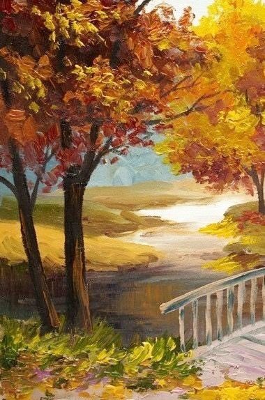 Fall Canvas Painting, Bridge Painting, Fall Landscape, Landscape Paintings Acrylic, Fall Watercolor, Autumn Painting, Landscape Drawings, Painting Gallery, Amazing Art Painting