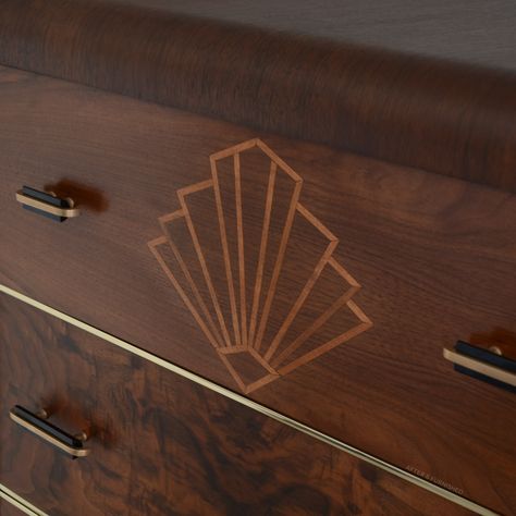 ➡️ Can you believe the before?! Art deco pieces can be a bit ✨extra✨ so I rarely take them on. But something about this bald, one-legged dresser seemed intriguing to me, so I challenged myself to refinish this beast to its art deco glory. Somehow that meant adding a sunburst maple inlay, solid brass inlay, and also building a new solid oak base. Just a regular day of furniture refinishing. // Available! L30" x D18.25" x H46.25" More info available on our website www.after5furnished.ca . . ... Art Deco Bedroom Furniture, Art Deco Dresser, Sunburst Pattern, Art Deco Bedroom, Brass Inlay, Tall Dresser, Wood Inlay, Art Deco Furniture, Walnut Veneer