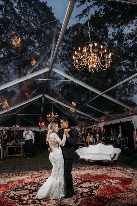 Tent Wedding Night, Clear Tent Fall Wedding, Clear Tents For Weddings, Small Outdoor Tent Wedding, Back Years Wedding, Witchy Wedding Reception, Clear Tent Wedding Reception Night, Tent Wedding Ceremony And Reception, Winter Tent Wedding Reception