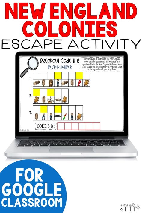 Are you teaching the 13 colonies? Then you will want this New England Colonies activity! This digital escape room is perfect for 5th graders through middle school. The activities include a map and facts about people, government, geography, economy, and climate. This is a fun, no-prep lesson for kids to add to your colony unit. Add this paperless project to your centers, morning work, or even early finishers. Includes 2 differentiated versions. {thirteen, 6th, 7th, homeschool} The 13 Colonies, Differentiation In The Classroom, Free Math Printables, Digital Escape Room, Math Activities Elementary, 13 Colonies, Facts About People, Fraction Activities, Differentiation Math