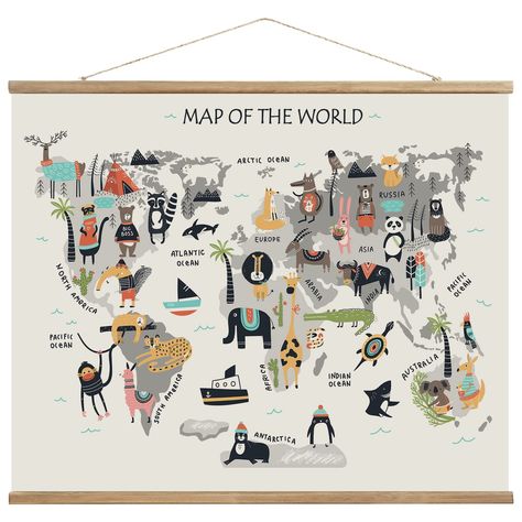 PRICES MAY VARY. EYE CATCHING DESIGN: This colorful animal world map is attractive and unique. Children will love spotting and naming all of the different animals on this design, It is definetly a fun way to encourage your child to explore the world. So it just easily brings inspiration to your children's nursery room, and also this is the perfect wall decor for your little world traveler. READY TO HANG: This W24"x H18" world map with animals is a pre-installed whole piece, posters are already a Animal Kingdom Map, Kingdom Map, World Poster, Kids World Map, Children Education, Maps For Kids, Animal World, Framed Maps, Hanging Canvas