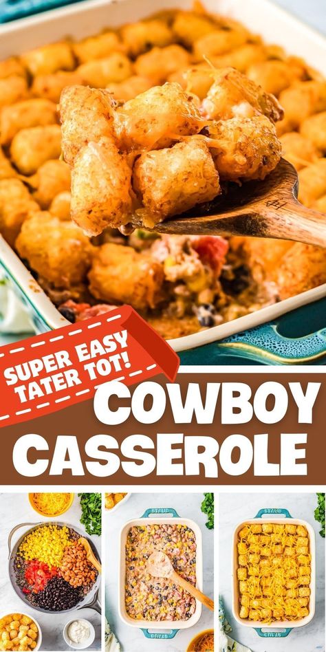 Savory sloppy joe filling gets loaded with crunchy tater tots then sprinkled generously with melty cheddar for this fun, kid approved cowboy casserole that makes crazy good weeknight dinners achievable on busy nights. Tater tot cowboy casserole, cowboy casserole recipes, ground beef casserole recipes. Taco Cowboy Casserole, Cowboy Casserole Recipe Tater Tots, Cowboy Tatertot Casserole, Cowboy Casserole Tater Tots, Easy Pot Luck, Easy Pot Luck Dishes, Tater Tot Casserole With Ground Beef, Cowboy Tater Tot Casserole, Pot Luck Dishes