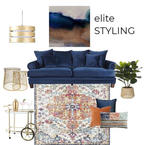 The Blues Living Blue Sofa Sitting Room Ideas, Navy Blue Couch Rug Ideas, Boho Blue Living Room Decor, Deep Blue Sofa Living Room, Rugs With Navy Blue Sofa, Living Room With Blue Carpet, Blue Coach Decor, Brown Black Blue Living Room, Blue Sofa Carpet Ideas