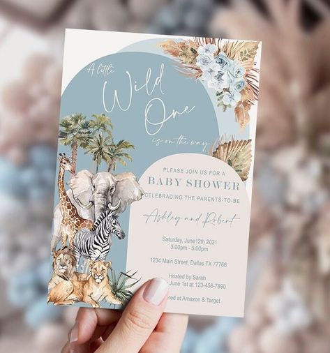 Pampas Safari Decor, Safari Theme Baby Shower Invitations, Jungle Theme Baby Shower Invitations, Jungle Theme Invite, Safari Baby Shower Boy Invitations, Neutral Safari Baby Shower Ideas, Boho Jungle Baby Shower Ideas, Safari Invitation Card, Boho Safari Birthday Party