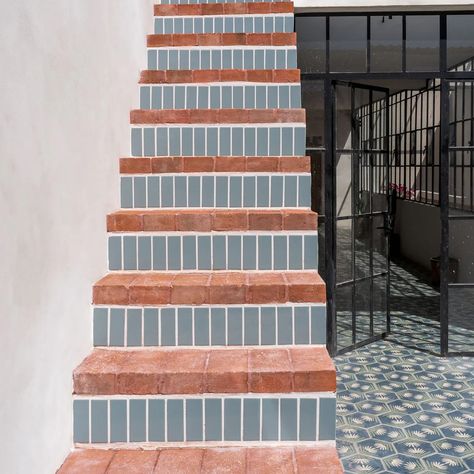 Pairing of the Month: Dragonfly 🧚🏽‍♂️ stacked on the riser, terracotta paver stair treads 🧱, and the beautiful Lotus 🪷 hexagon on the floor - spotted at our Artist Residence in #SanMiguelDeAllende. What do you think of this combo? ⤵️ #TileDesign #InteriorDesign #bluetiles #clayimports #ClaySMA Spanish Tile Steps, Patio Floors, Gloss Texture, Decorative Walls, Clay Imports, Tile Steps, Rectified Tile, Bathroom Floors, Tile Stairs