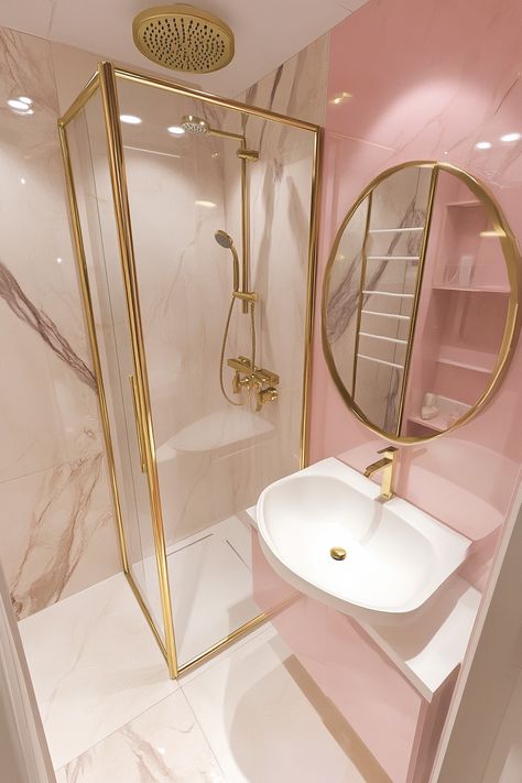 Create a luxurious bathroom retreat with a combination of pink, cream, and gold. Explore 25 inspiring ideas that feature blush pink walls, cream-colored accents, and gold fixtures for a sophisticated and warm ambiance. Discover pink tile designs, gold-framed mirrors, and rose gold hardware to elevate your bathroom decor. Create a haven of elegance and tranquility with this timeless color combination. Pink Restroom Ideas, Cream Gold Bathroom, Pink And Gold Salon, Pink And Gold Bathroom Ideas, Pink And Gold Aesthetic, Gold Tiles Bathroom, Blush Pink Walls, Gold Bathrooms, Anthropologie Bathroom