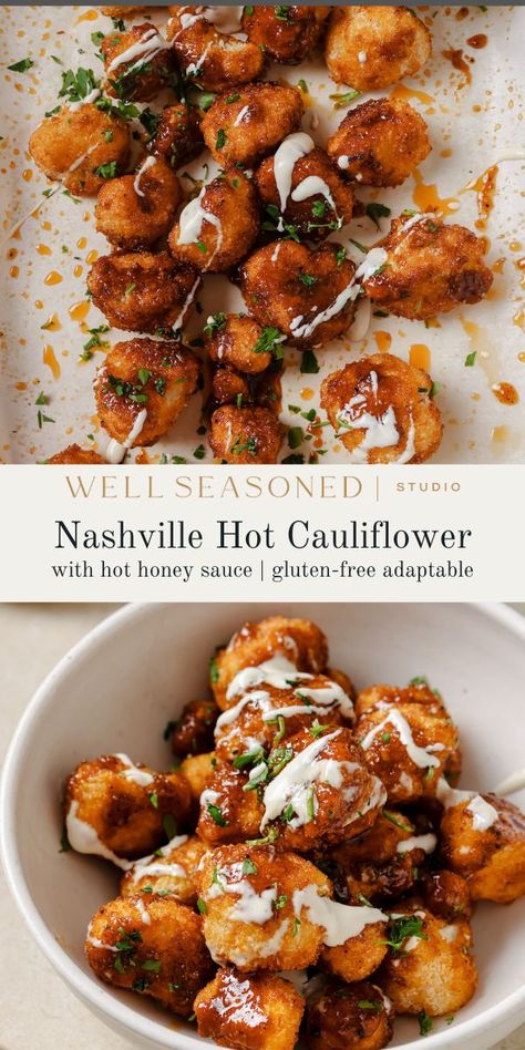 Nashville Hot Honey Cauliflower is a plant-based twist on the classic Nashville Hot Chicken that is every bit as satisfying, and healthier to boot! Instead of deep frying, we're roasting cauliflower florets in a buttermilk-hot sauce-breadcrumb-mixture; don't worry they get crispy! Serve with ranch or blue cheese dressing, or sandwich it between slices of white bread with mayo and pickles. #wellseasonedstudio #cauliflower #hothoney #nashvillehothoney #hotcauliflower Hot Honey Cauliflower And Chickpeas, Hot Honey Vegetables, Honey Cauliflower Recipes, Honey Based Recipes, Erewhon Cauliflower, Hot Honey Cauliflower, Nashville Hot Cauliflower, Nashville Recipes, Roasting Cauliflower