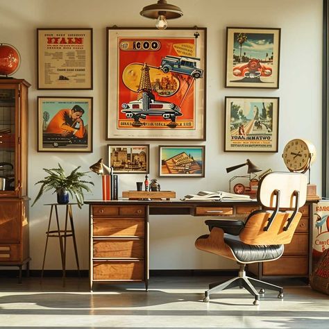 7+ Vintage Office Wall Decor Ideas for a Retro Touch • 333+ Art Images Retro Office Ideas, Retro Office Design, Rich Office, 1950s Office, Office Wall Decor Ideas, Retro Home Office, Retro Office Decor, Retro Shelves, Antique Wall Clocks