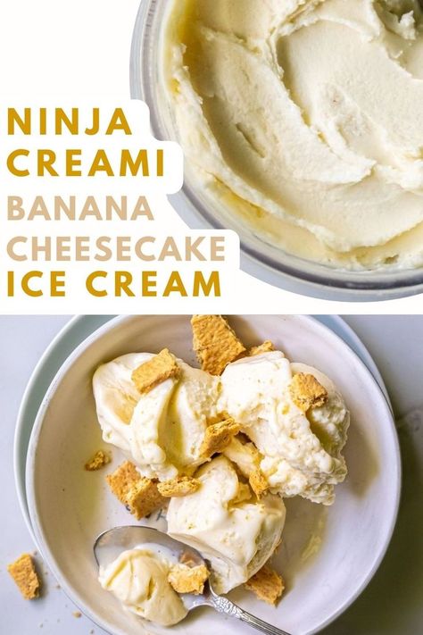 This Banana Cheesecake Ice Cream comes out super creamy with the Ninja Creami ice cream maker. It only has 4 ingredients and packs 21g of protein and about 300 calories per pint! Banana Cheesecake, Cheesecake Ice Cream, Ninja Creami, 300 Calories, Ice Cream Maker, Cream Recipes, Ice Cream Recipes, 4 Ingredients, Cheesecake