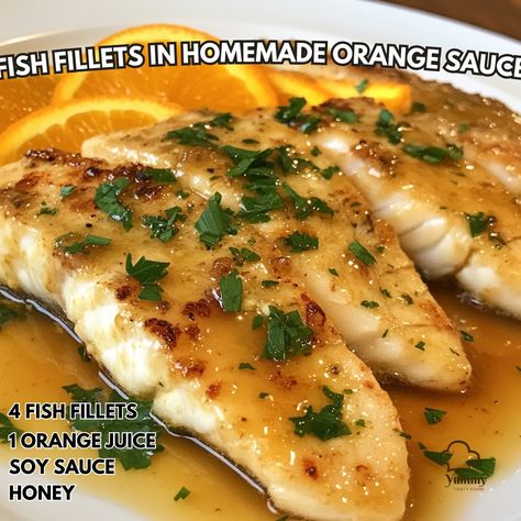 🍊✨ Elevate your dinner with this zesty Fish Fillets in homemade Orange Sauce recipe! 🐟🍊 Fish Fillets in Homemade Orange Sauce Ingredients: - 4 fish fillets (such as tilapia or cod) - 1/2 cup orange juice - 2 tbsp soy sauce - 2 tbsp honey - 1 tbsp cornstarch - 1/4 cup water - 2 cloves garlic, minced - 1 tsp ginger, grated - Salt and pepper to taste - Fresh parsley for garnish Instructions: 1. Season fish fillets with salt and pepper. Pan-sear until golden brown on both sides. Set aside. 2. ... Fish Fillets In Orange Sauce, Orange Sauce Recipe, Cozy Fall Recipes, Fish Fillets, Twisted Recipes, Ginger Sauce, Orange Sauce, Fish Recipe, Cod Fish