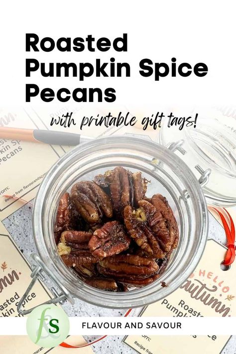 Warm fall spices make these low-carb roasted Pumpkin Spice Pecans a sugar-free treat! Serve these party nuts as a low-carb snack, as part of a cheese board, or add them to a salad. Ready in 20 minutes. Download your free gift tags and give a jar of these to someone special! Spiced Pecans Recipe, Pumpkin Spice Pecans, Seasoned Nuts, Snack Salad, Rhodes Rolls, Southern Family, Spicy Nuts, Awesome Desserts, Thanksgiving Snacks