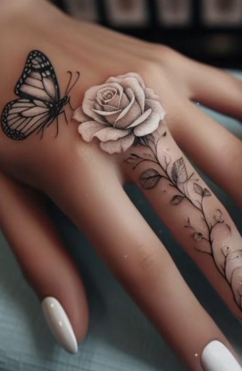 Feminine Butterfly Tattoo Design, Progressive Tattoos, Name With Flower Tattoo Design, Japanese Hand Tattoos Women, Butterfly Tattoo On Shin, Full Color Sleeve Tattoos Women, Cover Up Finger Tattoos For Women, Ladies Neck Tattoo, Creative Thigh Tattoos