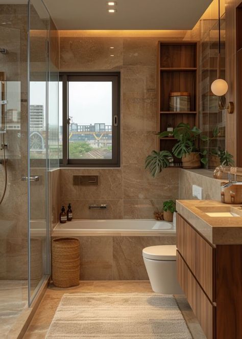 Bathroom Goals Aesthetic, Modern Cosy Bathroom, Amsterdam Bathroom Design, Rustic Bathroom Aesthetic, Bathroom Ideas Dark Brown Cabinets, Design Small Bathroom Ideas, Minimal Bathroom Aesthetic, Brown And White Home Aesthetic, Amal Bathroom Ideas