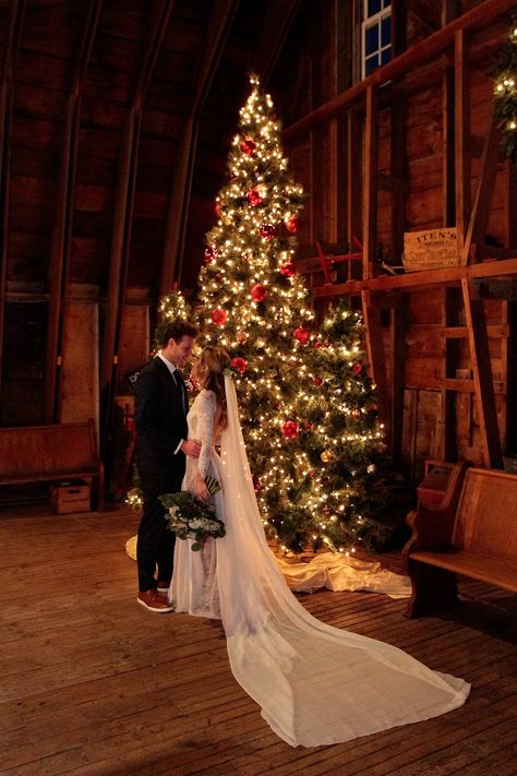 Winter Wedding Christmas Tree Decor, New York Christmas Wedding, Christmas Western Wedding, Wedding Winter Decorations, Winter Wedding Activities, Christmas Wedding Photo Ideas, December Wedding Aesthetic, Small December Wedding, Cozy Christmas Wedding