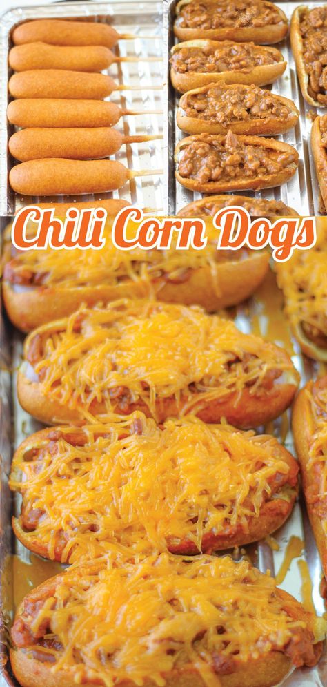 Corn Dogs With Chili And Cheese, Healthy Chili Dogs, Corn Dog Hot Dish, Corn Dog With Chili And Cheese, Chili Corndogs, Mini Chili Dogs, Dinners With Chili, Loaded Corn Dogs, Corn Dog Chili Casserole