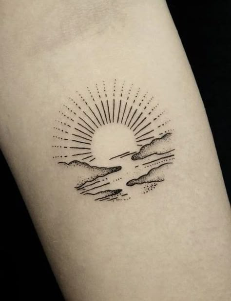 Conscious Tattoo Ideas, Longshoreman Tattoo, Dotted Tattoo Design, River Tattoo Ideas, Sunrise And Sunset Tattoo, Dot Art Tattoo, Sunrise Tattoos, Tattoo Ideas Nature, Dotted Tattoo