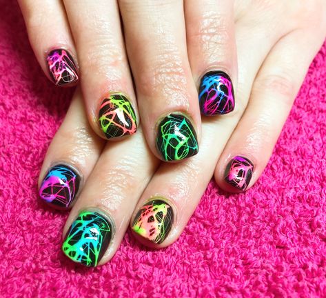 Black With Neon Nails, Neon Nails Black, Nails With Spider Gel, Black And Neon Nails, Spider Gel Nails, Nails With Spider, Spider Gel, Summery Nails, Nails Black