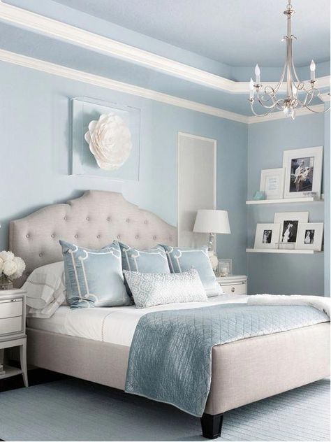 Benjamin Moore Brittany Blue Bedroom Via Marker Girl Home. "Mom retreat a relaxing Master Bedroom in soft blue grey and white color palette. Paint color Benjamin Moore Brittany Blue, Circa Lighting, Custom bedside tables, Custom grey upholster bed, Lili Alessandra Bedding, Stark Carpet rug, Wallpaper panels thibaut, Paper flower Etsy" #bedroomsdecor Light Blue Bedroom, Blue Bedroom Decor, Transitional Bedroom, Beige Bedroom, Bedroom Color Schemes, Bedroom Paint Colors, Gray Bedroom, Couple Bedroom, Trendy Bedroom