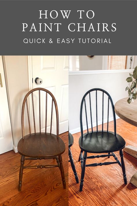 Chair Makeover Wooden, Chair Painted Ideas, Refurbished Dining Room Table And Chairs, How To Redo Chairs, Diy Painted Table And Chairs, Painted Wooden Table And Chairs, Repainting Kitchen Chairs, Dining Set Refurbished, Black Windsor Dining Chairs Round Table