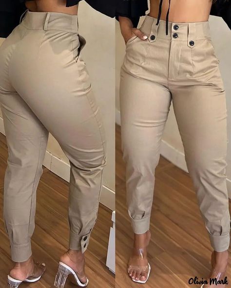 Olivia Mark - High waist cargo pants with button pocket Junior Pants, Beige Pants, Chic Type, High Waist Pants, Pencil Pants, Ankle Length Pants, Cargo Pants Women, Pants Design, Virtual Closet