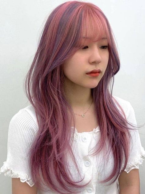 Ash Pink and Purple Two-Tone Hair Two Tone Purple Hair, Pink Haircut, Black And Green Hair, Hair Dye Shades, Edgy Hair Color, Purple Hair Highlights, Pink Purple Hair, Two Tone Hair, Dark Purple Hair