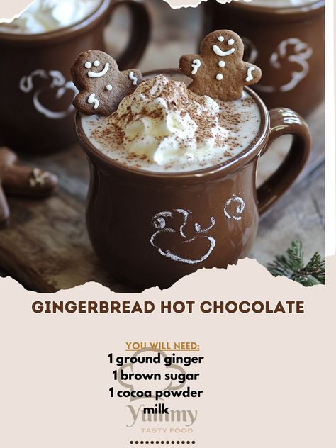 🎄✨ Unleash the cozy holiday vibes with our Gingerbread Hot Chocolate - a warm hug in a mug! 🍫☕ Gingerbread Hot Chocolate Ingredients: - 2 cups milk - 1/4 cup cocoa powder - 1/4 cup brown sugar - 1/2 tsp ground ginger - 1/2 tsp ground cinnamon - 1/4 tsp ground nutmeg - 1/4 tsp vanilla extract - Whipped cream (for topping) - Gingerbread cookies (for garnish) Instructions: 1. In a saucepan, heat milk until warm. 2. Whisk in cocoa powder, brown sugar, ginger, cinnamon, and nutmeg until well co... Fancy Hot Chocolate, Gingerbread Hot Cocoa, Gingerbread Hot Chocolate, Hot Chocolate Ingredients, Drawing Topics, Chocolate Ingredients, Hot Choco, Cozy Fall Recipes, Hug In A Mug