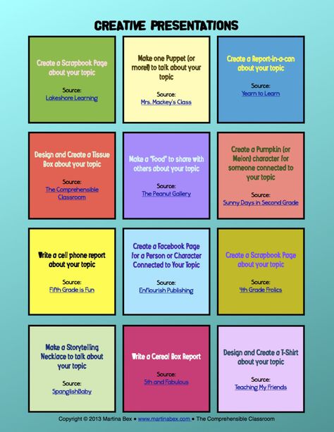 12 creative ways to present a topic, book report, re-tell a story, etc. Creative Presentation Ideas, Presentation Ideas For School, Presentation Format, Organize Ideas, School Libraries, Lakeshore Learning, Classroom Tips, Presentation Ideas, Creative Presentation