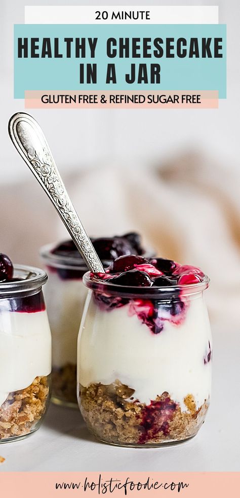 These no bake cheesecake jars are secretly healthy (hello yogurt) and SO easy to make. A perfect healthy dessert for one that's great in the spring and summer. High Protein Cheesecake Jars, Healthy Dessert For One, Healthy No Bake Cheesecake, Gf Cheesecake, Low Fat Cheesecake, Low Calorie Cheesecake, Dessert For One, Healthy Cheesecake Recipes, High Protein Cheesecake