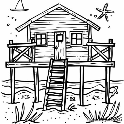 Please enjoy these beach house coloring pages! Beach House Drawing, Beach Line Art, House Coloring Pages, House Doodle, Outline Pictures, House Outline, Beach Coloring Pages, Modern Hand Embroidery Patterns, Kindergarten Coloring Pages