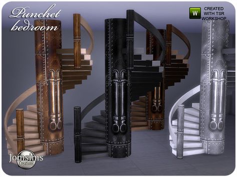 jomsims' punchet misc deco stairs Sims 4 Stairs Cc, Sims 4 Stairs, Steampunk Room Decor, Steampunk Rooms, Industrial Staircase, Sims 4 Builds, Custom Stairs, Stair Shelves, Industrial Stairs