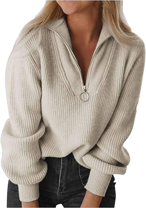 Sanahy Women's Long Sleeve V Neck Lapel Zipper Sweaters Ribbed Knit Pullover Sweater Tops Solid Color Tops Casual Fit Fall Blouse Sweaters Pullover, Jumper Fashion, Turtleneck Women, Lantern Sleeve Sweater, Fall Blouse, Winter Pattern, Sleeveless Tops Summer, Sweater Autumn, Basic Wear