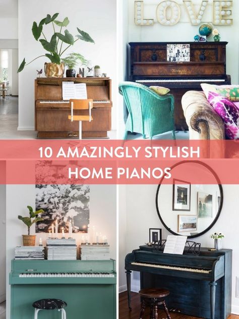 10 Amazing Ways to Incorporate a Piano into Your Home Decor - Curbly Upright Piano Decor, Figure Out Your Style, Piano Painted, Piano Styling, Piano Home, Open Living Room Dining Room, Home Piano, Piano Room Decor, Piano Living Rooms