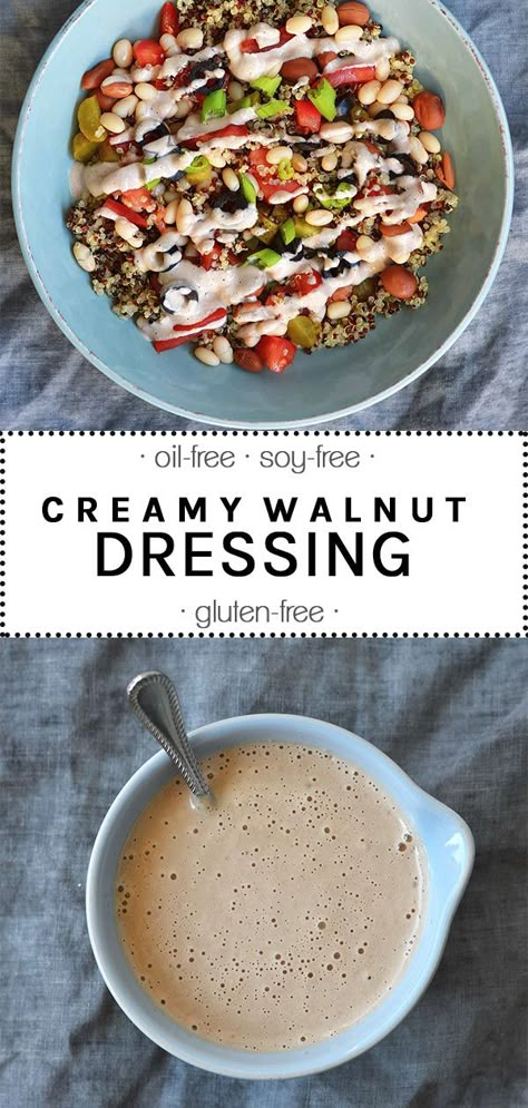 This creamy walnut dressing is not only easy and fast to prepare but also ridiculously delicious. You will love its delicate nutty flavor and lovely creaminess. It´s vegan, oil-free, gluten-free and soy-free. #walnuts #dressing #walnut #walnutdressing #oilfreedressing #salad #saladdressing #vegan #glutenfree #soyfree #oilfree | thebrightbird.com Vegan Salad Dressing Recipes, Walnut Dressing, Piercings Nose, Vegan Coleslaw, Vegan Salad Dressing, Vegan Dressing, Healthy Dinner Options, Salad Dressing Recipes Homemade, Vegan Sauces