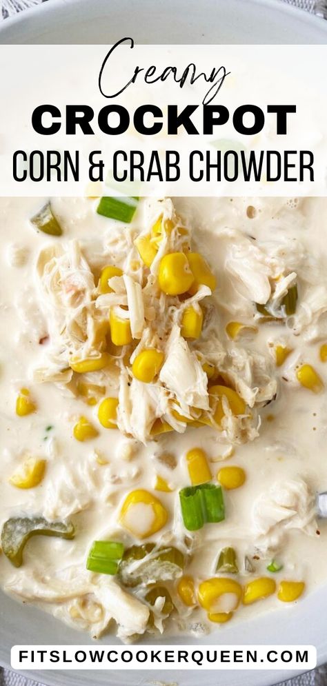 Creamy Crockpot Corn & Crab Chowder is prepared using corn, lump crab meat, and Cajun seasonings star in this simple seafood chowder recipe. This easy corn chowder recipe calls for frozen or canned corn. Personally, I used canned corn, but fresh would likely work if cooked, first. Make this a heartier chowder by adding 8 ounces of chopped potatoes. Creamy Crockpot Corn, Chowder Recipes Crockpot, Corn And Crab Chowder, Corn Chowder Crockpot, Corn Chowder With Ham, Crab And Corn Bisque, Creamy Crab Soup, Crab And Corn Soup, Crab Chowder Recipes