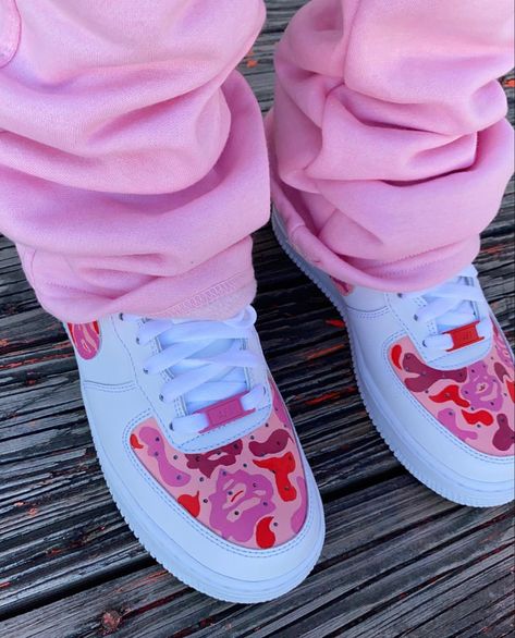 Nike Air Force 1 Pink, Air Force 1 Pink, Pink Shoes Outfit, Bape Shoes, Custom Sneakers Diy, Diy Sneakers, Jordan Shoes Girls, Custom Nike Shoes, Nike Air Shoes