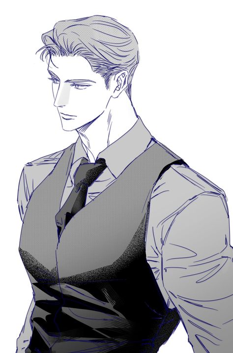 Suit Vest Drawing Reference, Victorian Man Drawing, Manga Men Drawing, Men Hairstyles Drawing, Tie Reference, Ceo Man, Bodyguard Aesthetic, Manga Man, Male Art Reference