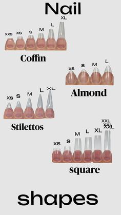 Artificial Nail Shapes, Length Chart Nails, S Size Nails, Nail Length Chart And Shape, Nail Lengths And Shape Chart, Nails Sizes Chart, Nail Type Chart, Nail Sizes Shape Chart, Nail Shape Names