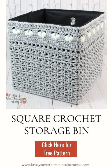 Square Crochet Storage Basket | Free Pattern - Krissys Over The Mountain Crochet Crochet Square Baskets, Crochet Square Basket Free Pattern, Square Crochet Basket Pattern Free, Crochet Square Basket Pattern Free, Crochet Square Storage Baskets Free Pattern, Crochet Storage Pattern, Crochet Rectangular Basket Pattern Free, Crochet Pattern Rectangle Basket, Crochet Storage Baskets Free Pattern