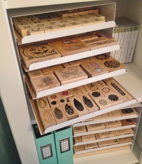 Scraproom: Wood Stamp Storage Wooden Stamp Storage, Stamp Storage Ideas, Die Cut Storage, Rubber Stamp Storage, Art Closet, Scrapbook Room Organization, Fab Lab, Craft Storage Organization, Scrapbook Organization