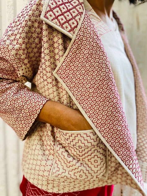 Pona Jacket Pattern Review & How I Stitched Sashiko On Every Inch Of It - Geri In Stitches Sashiko Jacket, Quilted Jacket Pattern, Fashion Illustration Face, Boro Stitching, Japanese Jacket, Sashiko Pattern, Japanese Quilts, Quilted Clothes, Kantha Jacket