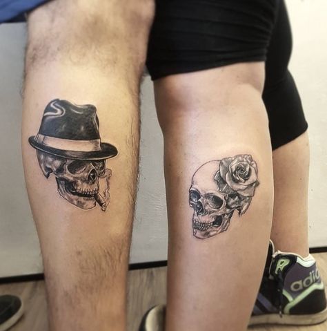 Hers Tattoo, Skull Couple Tattoo, Bird Skull Tattoo, Small Skull Tattoo, Personalized Tattoos, Him And Her Tattoos, Skull Tattoo Flowers, Maching Tattoos, Feminine Skull Tattoos